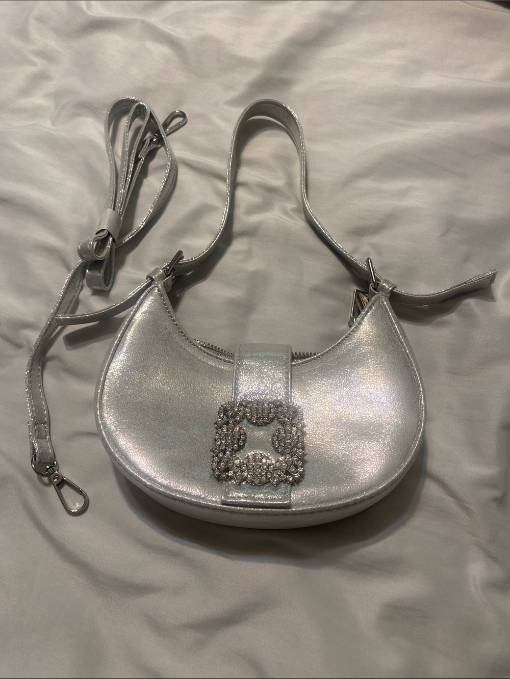 Silver Embellished Crescent Shoulder Bag - Women's